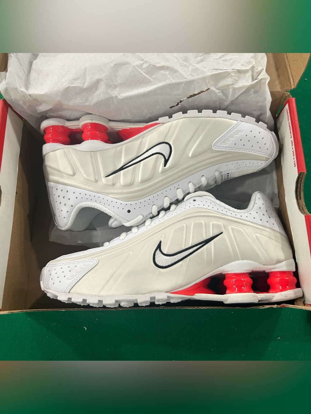 Nike Men’s White Athletic Shoes with Red Shox and Black Swoosh